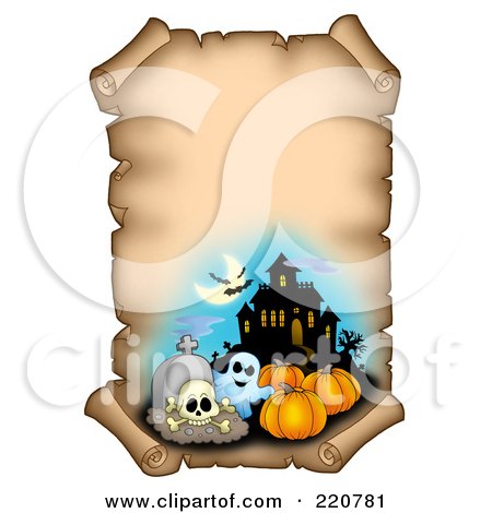 Royalty-Free (RF) Clipart Illustration of an Aged Halloween Parchment Sign With A Haunted House, Cemetery, Ghost, Bats And Pumpkins by visekart