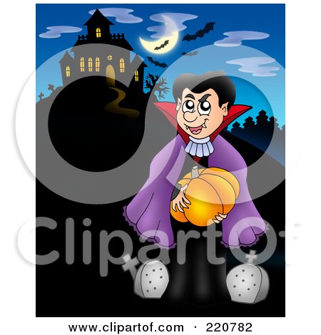 Royalty-Free (RF) Clipart Illustration of a Vampire Carrying A Pumpkin By Tombstones Near A Haunted House With Bats In The Sky by visekart