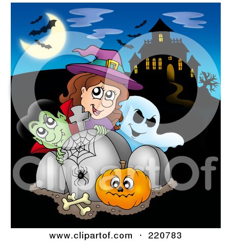 Royalty-Free (RF) Clipart Illustration of a Vapire, Witch, Ghost And Pumpkin By A Headstone Near A Haunted House With Bats In The Sky by visekart