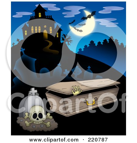 Royalty-Free (RF) Clipart Illustration of a Skeleton Emerging From A Coffin By A Tombstone Near A Haunted House With Bats In The Sky by visekart