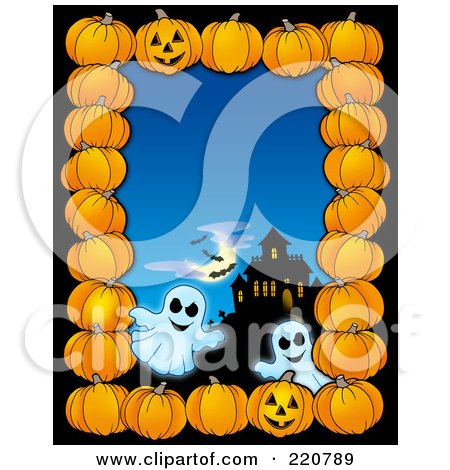 Royalty-Free (RF) Clipart Illustration of a Halloween Border Of Pumpkins, A Haunted House And Ghosts Over Blue by visekart