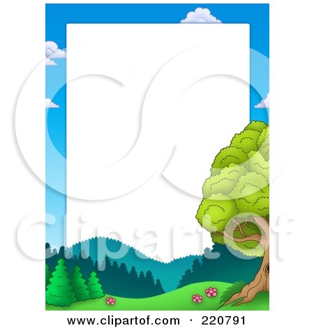Royalty-Free (RF) Clipart Illustration of a Frame Of Sky, Mountains And Trees Around White Space by visekart