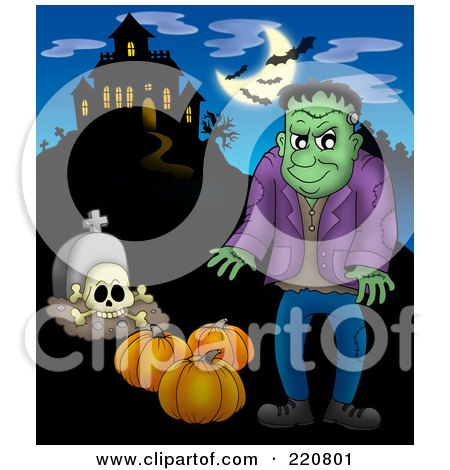 Royalty-Free (RF) Clipart Illustration of Frankenstein With Pumpkins And A Tombstone Near A Haunted House With Bats In The Sky by visekart