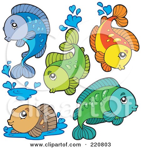 Royalty-Free (RF) Clipart Illustration of a Digital Collage Of Cute Fresh Water Fish Leaping And Splashing by visekart
