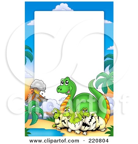 Royalty-Free (RF) Clipart Illustration of a Hatching Dinosaur And Volcano Frame With White Space by visekart