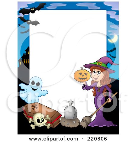 Royalty-Free (RF) Clipart Illustration of a Halloween Frame Of A Witch Holding A Pumpkin By A Tombstone, Skull, Coffin And Ghost by visekart