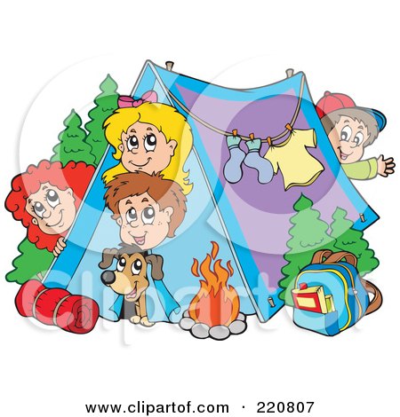 Royalty-Free (RF) Clipart Illustration of a Happy Group Of Camping Kids And A Dog Looking Out Of And Around A Tent by visekart