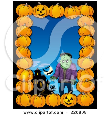 Royalty-Free (RF) Clipart Illustration of a Halloween Border Of Pumpkins, A Haunted House And Frankenstein Over Blue by visekart
