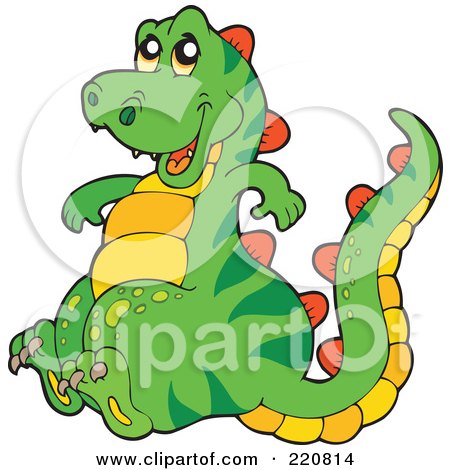 Royalty-Free (RF) Clipart Illustration of a Cute Green Dinosaur Smiling And Sitting by visekart