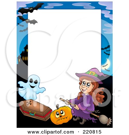 Royalty-Free (RF) Clipart Illustration of a Halloween Frame Of A Witch Riding A Broom By A Pumpkin, Coffin, Ghost And Haunted House by visekart