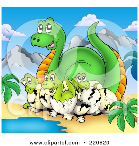 Royalty-Free (RF) Clipart Illustration of Hatcing Dinosaurs And Their Mom By Water by visekart