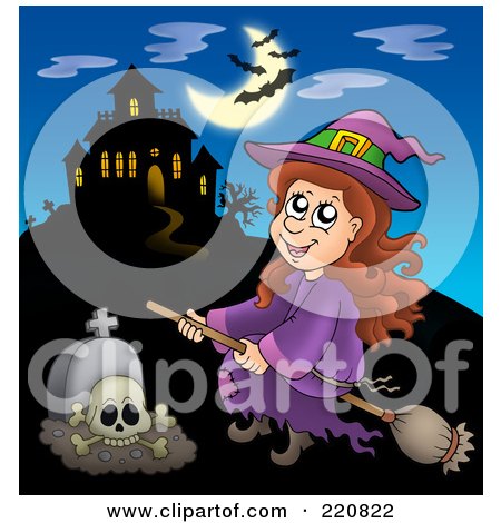 Royalty-Free (RF) Clipart Illustration of a Witch Flying Near A Haunted House With Bats In The Sky by visekart