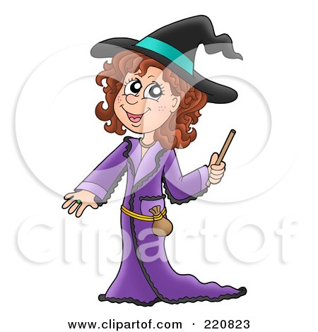 Royalty-Free (RF) Clipart Illustration of a Cute Halloween Witch In A Purple Robe, Holding A Magic Wand by visekart