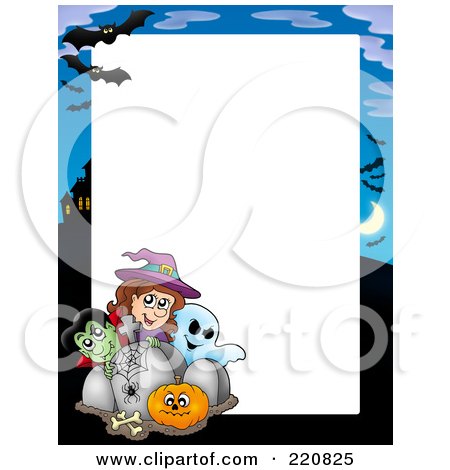 Royalty-Free (RF) Clipart Illustration of a Halloween Frame Of A Vampire, Witch And Ghost Looking Over Tombstones And A Pumpkin by visekart