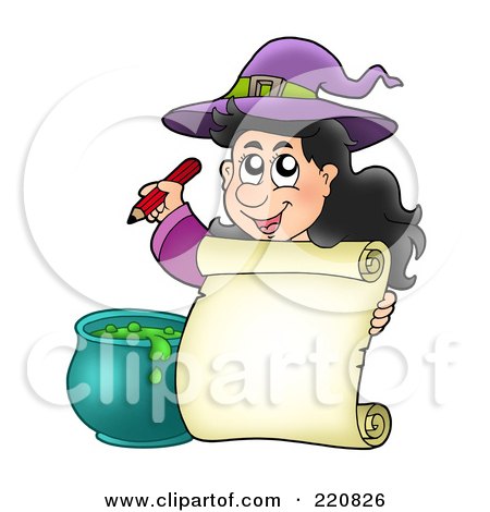 Royalty-Free (RF) Clipart Illustration of a Cute Halloween Witch Holding A Pencil By A Blank Parchment Page And Cauldron by visekart