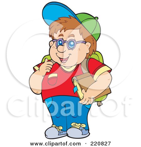 Royalty-Free (RF) Clipart Illustration of a Chubby Brunette School Boy Smiling And Carrying A Book by visekart