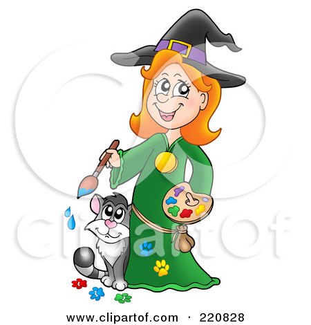 Royalty-Free (RF) Clipart Illustration of a Cute Halloween Witch And Her Cat With Paints by visekart