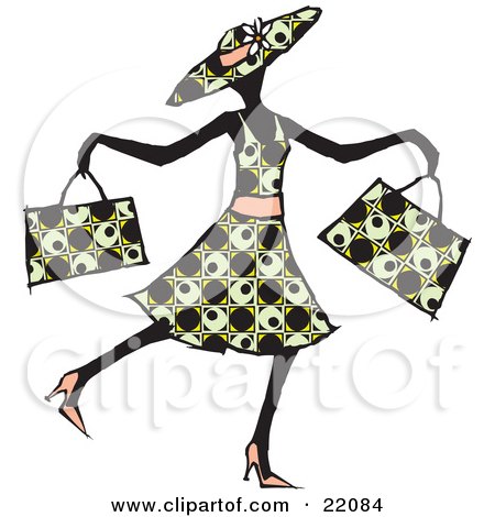 Happy Lady In A Patterned Dress, Hat And Heels, Waltzing Past And Carrying Two Shopping Bags Posters, Art Prints