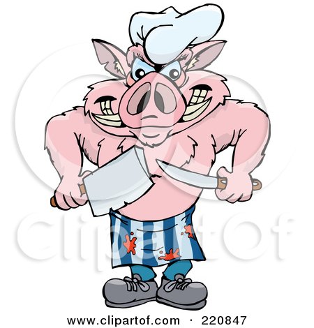 Royalty-Free (RF) Clipart Illustration of a Tough Pink Pig Chef Holding Two Knives by Dennis Holmes Designs