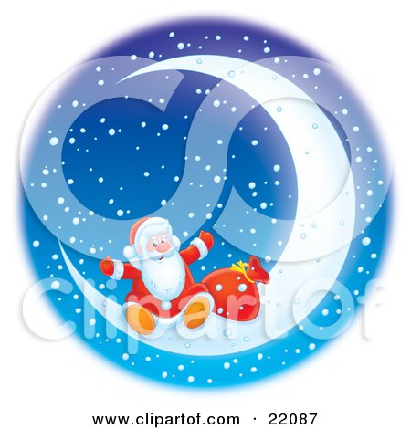 Clipart Illustration of Santa Claus Sitting With His Sack Of Toys On A Bright Crescent Moon In A Snowing Winter Night by Alex Bannykh