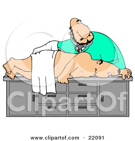 Clipart Illustration of a White Male Medical Doctor In Scrubs, Bending Over And Giving A Middle Aged Man A Colon Exam During A Physical by djart