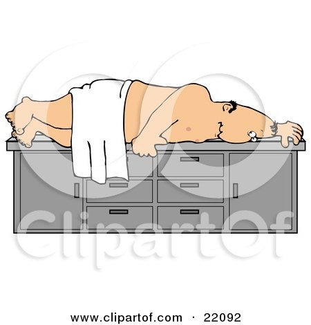 Clipart Illustration of a Nude White Man Draped In A Towel, Lying On His Side On An Exam Table, Witing For A Physical by djart