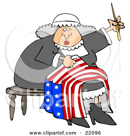 Clipart Illustration of Betsy Ross Sitting On A Stool And Sewing The Betsy Ross Flag With 13 Stars by djart