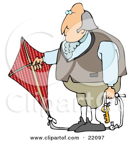 Clipart Illustration of Benjamin Franklin Holding A Red Kite With A Key On The Ropes While Conducting His Electrical Experiment by djart