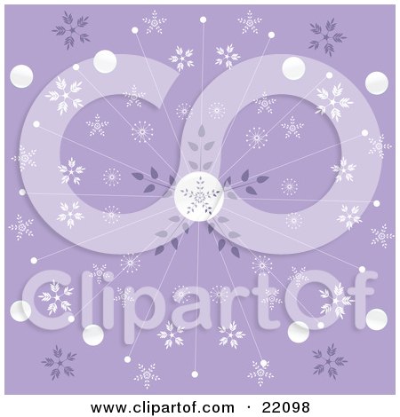 Clipart Picture of a Purple Christmas Background Of Elegant White Snowflake And Circle Patterns Bursting Front The Center by elaineitalia