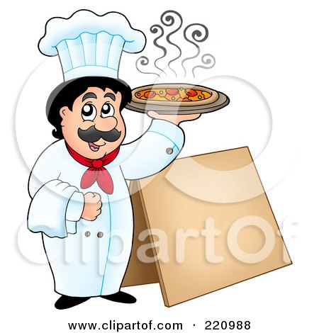 Royalty-Free (RF) Clipart Illustration of a Male Chef Holding Up A Pizza By A Blank Sidewalk Board by visekart