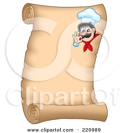 Royalty-Free (RF) Clipart Illustration of a Vertical Parchment Sign Of A Chef Gesturing Ok - 1 by visekart