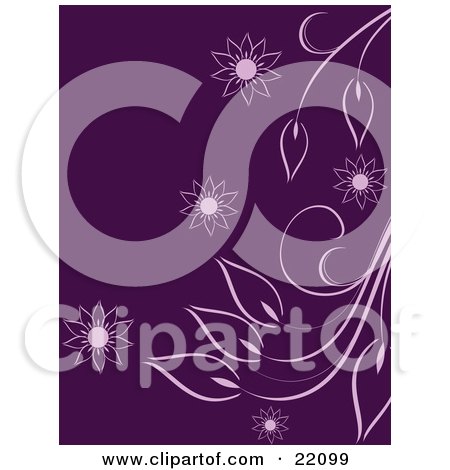 Clipart Picture of a Purple Floral Background With White Plant Leaves And Flower Drawings by elaineitalia