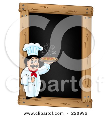 Royalty-Free (RF) Clipart Illustration of a Male Chef Holding A Pizza On A Blank Menu Chalk Board by visekart