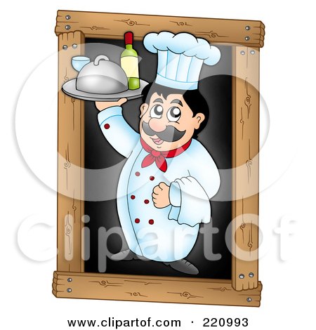 Royalty-Free (RF) Clipart Illustration of a Male Chef Holding Up A Tray Of Wine And Standing On A Black Chalk Board by visekart