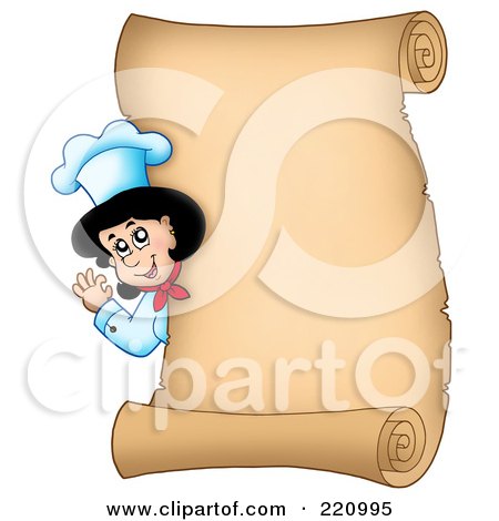 Royalty-Free (RF) Clipart Illustration of a Vertical Parchment Sign Of A Female Chef Waving by visekart