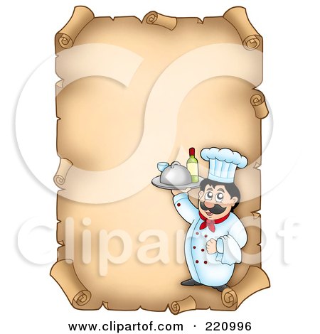 Royalty-Free (RF) Clipart Illustration of a Vertical Aged Parchment Sign Of A Chef Serving Wine by visekart