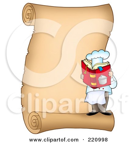 Royalty-Free (RF) Clipart Illustration of a Vertical Parchment Sign Of A Male Chef Reading A Cook Book by visekart