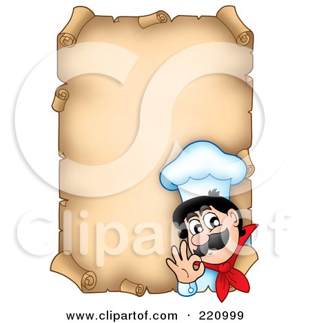 Royalty-Free (RF) Clipart Illustration of an Aged Vertical Parchment Sign Of A Chef Gesturing Ok by visekart