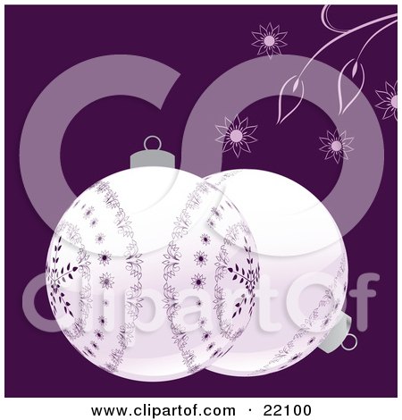 Clipart Picture of Two White Christmas Bauble Ornaments With Purple Snowflake Designs, Over A Purple Background With Flowers And Leaves by elaineitalia