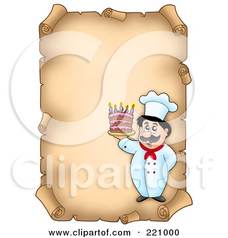 Royalty-Free (RF) Clipart Illustration of a Vertical Aged Parchment Sign Of A Chef Serving Cake by visekart