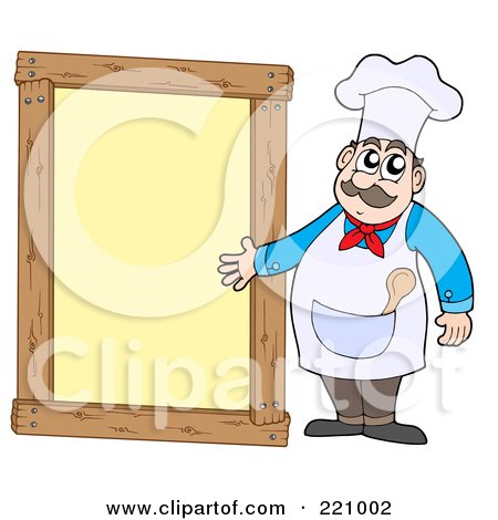 Royalty-Free (RF) Clipart Illustration of a Male Chef Standing And Presenting A Blank Yellow Framed Sign by visekart