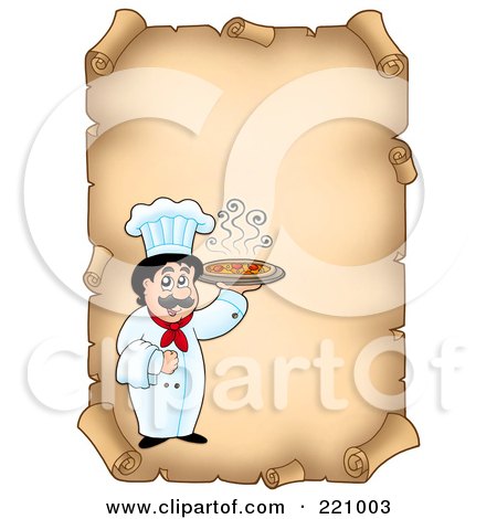 Royalty-Free (RF) Clipart Illustration of a Vertical Aged Parchment Sign Of A Chef Serving Pizza by visekart