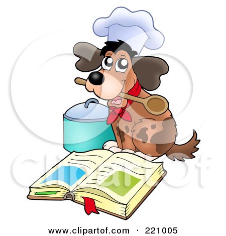 Royalty-Free (RF) Clipart Illustration of a Dog Chef Holding A Spoon In His Mouth And Reading A Cook Book by visekart