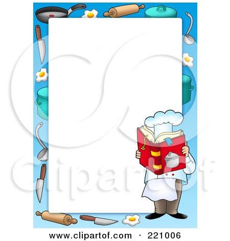 Royalty-Free (RF) Clipart Illustration of a Male Chef Reading A Cookbook Frame Or Border Around White Space by visekart