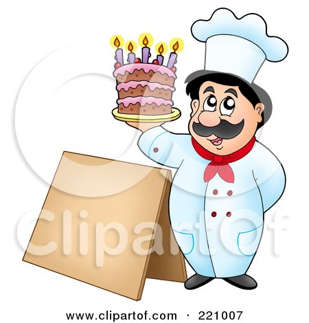 Royalty-Free (RF) Clipart Illustration of a Male Chef Holding Up A Cake By A Blank Sidewalk Board by visekart
