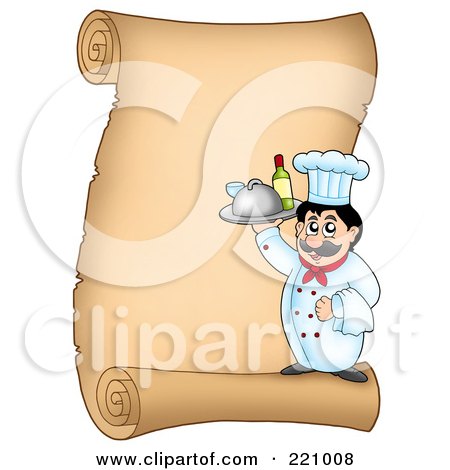 Royalty-Free (RF) Clipart Illustration of a Vertical Parchment Sign Of A Male Chef Serving Wine by visekart