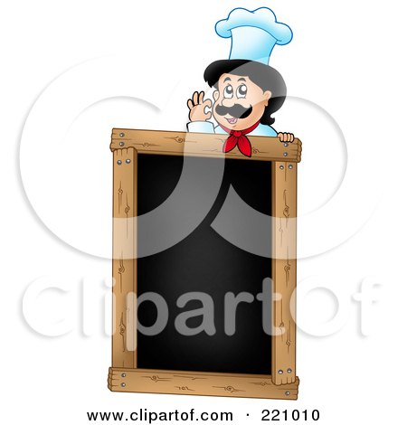 Royalty-Free (RF) Clipart Illustration of a Male Chef Gesturing Ok Over A Blank Menu Chalk Board by visekart