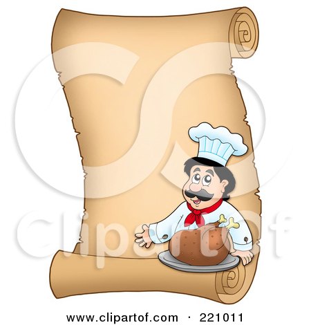 Royalty-Free (RF) Clipart Illustration of a Vertical Parchment Sign Of A Male Chef Serving A Turkey by visekart