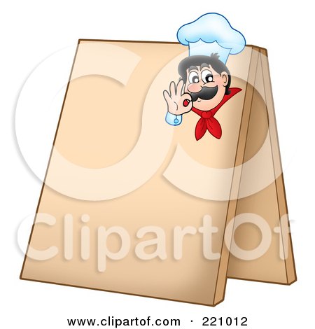 Royalty-Free (RF) Clipart Illustration of a Male Chef Gesturing Ok On A Blank Sidewalk Board by visekart