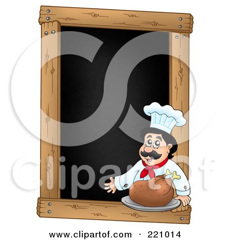 Royalty-Free (RF) Clipart Illustration of a Male Chef With A Roasted Turkey On A Blank Menu Chalk Board by visekart